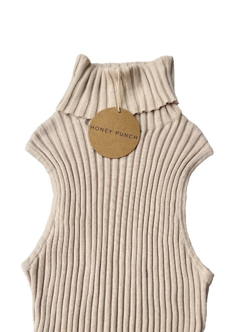 Honey Punch Beige Ribbed Turtleneck Bodysuit M | Sleeveless | Cotton | Neutral - Picture 6 of 8